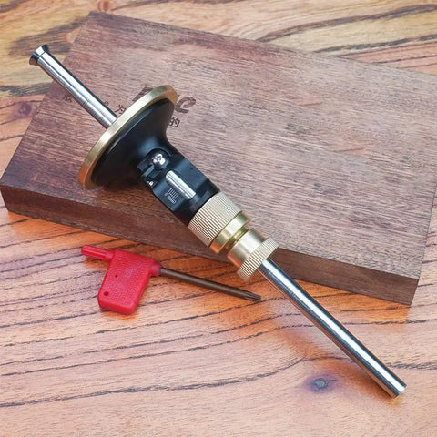 Solid Brass Wheel Marking Gauge Kit Featuring Metric Micro Adjuster Ruler And Hardened Steel Cutter, detailed view with tool components.