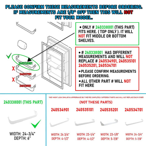 Diagram showing Must Have Door Bin Shelf Rack For Frigidaire And Kenmore Refrigerators Replacement Part 240338001 measurements.