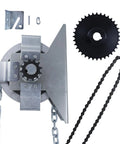 Front view of LAJIAOZ garage door jackshaft chain hoist with sprocket, chain, and mounting brackets