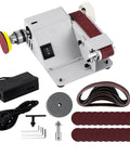 Straight Shooting Mini Electric Belt Sander With Built In Angle Gauge For Zero Sweat Knife Sharpening And Quick Wood Metal Stone Grinding Jobs Around The House components including a sander, power supply, and sanding belts.