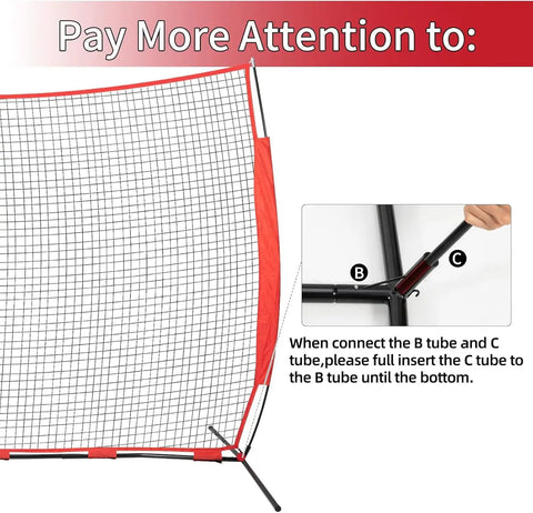 Step-by-step setup for 7x7ft Ball Backstop Net with 4 ground spikes and 2 sandbags, includes handy storage bag.
