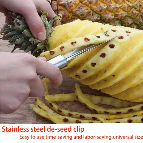 Person using Stainless Steel Pineapple Eye Peeler and V Shape Cutter With Clip for Easy Eye Removal Core and Peel No Fuss Tool