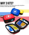 Three compact Everlit Care Mini-Aid first aid kits with carabiners in red, blue, and yellow opened to show contents