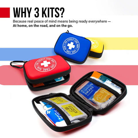 Three compact Everlit Care Mini-Aid first aid kits with carabiners in red, blue, and yellow opened to show contents