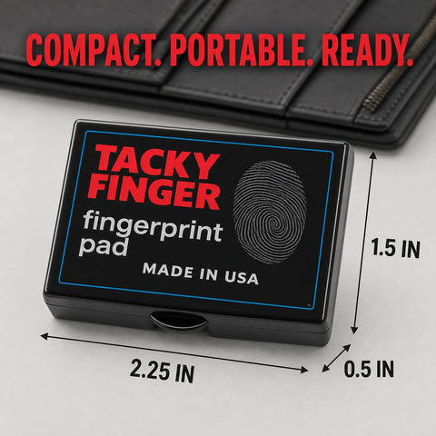Top Shelf Premium Inkless Fingerprint Tacky Sheets For Notary And Legal Forms Black 4 Pack shown with dimensions 2.25x1.5x0.5 inches.