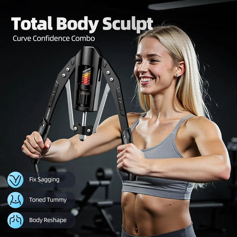 Upgrade Your Gains With This East Mount Twister Arm Exerciser Featuring Adjustable Hydraulic Resistance From 22 To 440 Lbs For Intense Home Workouts Designed To Build Chest, Shoulder And Arm Muscles Fast With A Comfortable Non Slip Grip And Ergonomic in use by a woman in a gym setting.