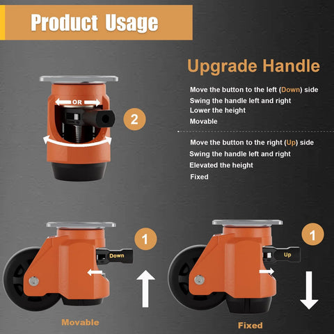 Diagram showing product usage instructions for Plate Caster Leveling Wheels With Ratchet Handle Height Adjustable Plate Casters Set of 4.