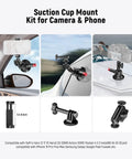 3 Inch Suction Cup Camera Mount With Dual Ball Head Arm And Quick Release for Action Cams and Phones in various setups.