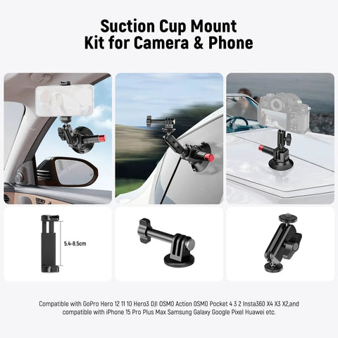 3 Inch Suction Cup Camera Mount With Dual Ball Head Arm And Quick Release for Action Cams and Phones in various setups.