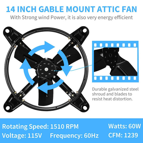 14 Inch Attic Gable Mount Fan With Adjustable Thermostat, Beefy 1239 CFM Airflow, Black Finish, 2 Pack, close-up view