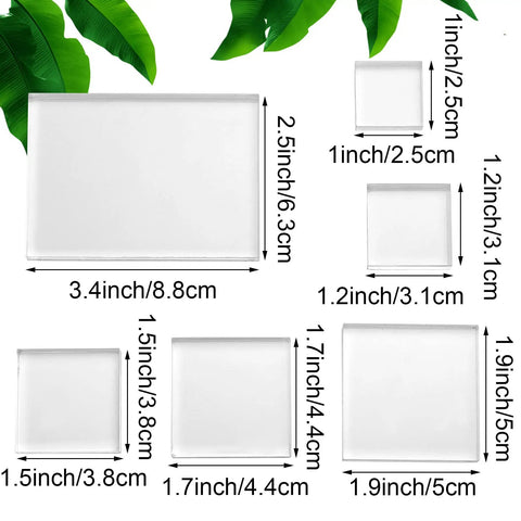 Set Of Six Clear Acrylic Styling Blocks And Flat Lay Props Ideal For Wedding Centerpieces And Product Shoots, Totally A Lowkey Essential For Content Creators Wanting That Polished Feed Aesthetic Vibe, showcasing sizes and dimensions.