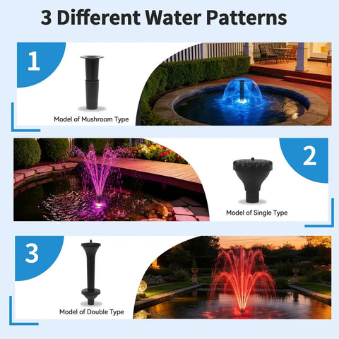 Image of 1320 GPH Heavy Duty Pond Fountain Pump With RGB LED Lights showing three nozzle options: mushroom, single, and double type.