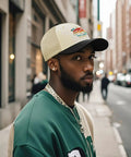Model wearing RV Pilot Vibes Camper Road Trip Trucker Hat, off-white with black eaves, adjustable back buckle, for adventure lovers.