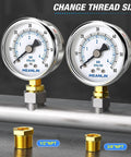 Stainless Steel Dry Pressure Gauge 0 To 60 Psi, 2 Inch Dial, Lower Mount, 1/4 Inch NPT, Waterproof For Pool Filter Pump Oil Air Compressor Tire Pressure Tester, Includes 1/2 Inch NPT And 3/8 Inch NPT Hex Bush, shown with interchangeable threads.