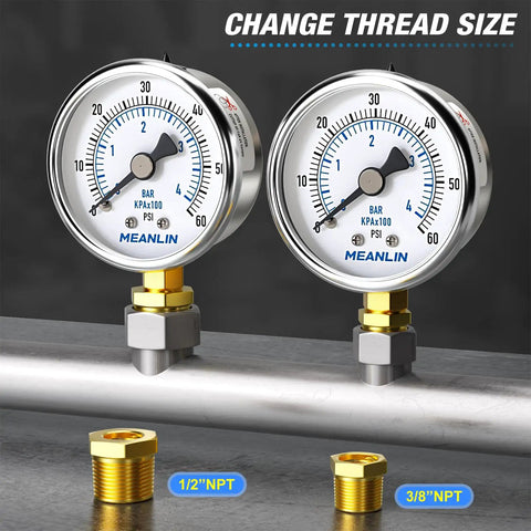 Stainless Steel Dry Pressure Gauge 0 To 60 Psi, 2 Inch Dial, Lower Mount, 1/4 Inch NPT, Waterproof For Pool Filter Pump Oil Air Compressor Tire Pressure Tester, Includes 1/2 Inch NPT And 3/8 Inch NPT Hex Bush, shown with interchangeable threads.