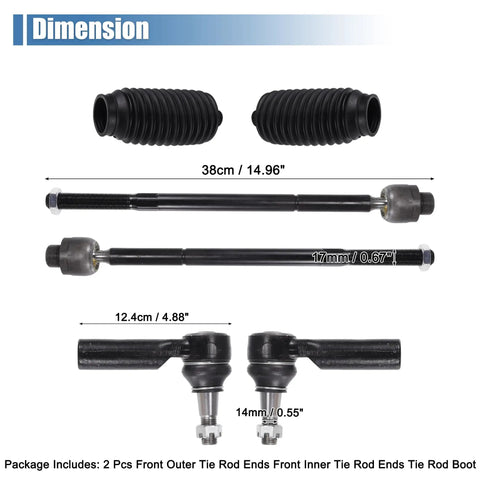 Six Piece Front Inner And Outer Tie Rod End Kit For Dodge Ram 1500 2006 2012 5 Lug Models Steering Linkage Replacement Drag Link OE ES80574 EV800098 Direct Fit, dimension view