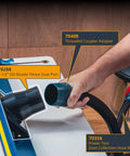 Router Table Dust Port Adapter For Two And A Half Inch Dust Collection Hose With Easy Plug And Play Fence Mount Connection Designed For Shop Vac Or Dust Extractor Setup shown with hose and coupler in use on router table.
