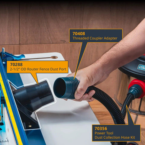 Router Table Dust Port Adapter For Two And A Half Inch Dust Collection Hose With Easy Plug And Play Fence Mount Connection Designed For Shop Vac Or Dust Extractor Setup shown with hose and coupler in use on router table.