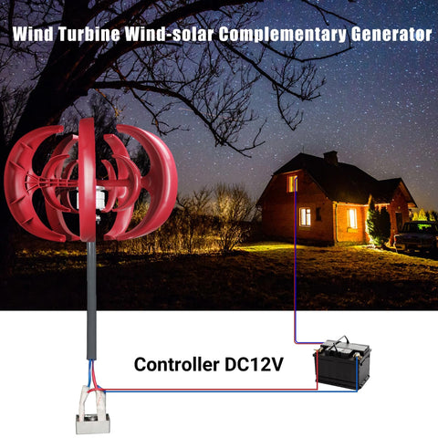 4500W Vertical Axis Wind Turbine Kit for Home Power, 12V system, installed outdoors near a house, generating electricity