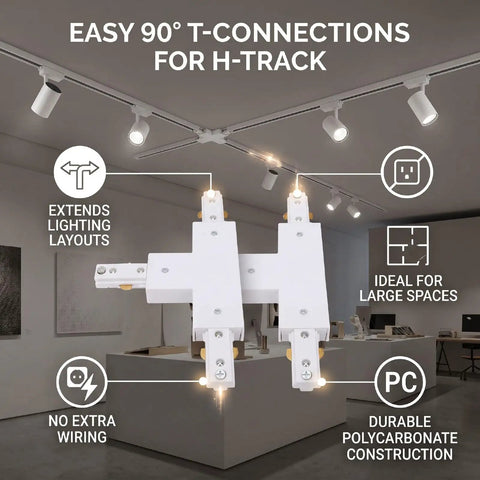 Two Pack H Track T Connector 3 Wire Single Circuit White 90 Degree Branch Track Lighting Adapter for easy connections.
