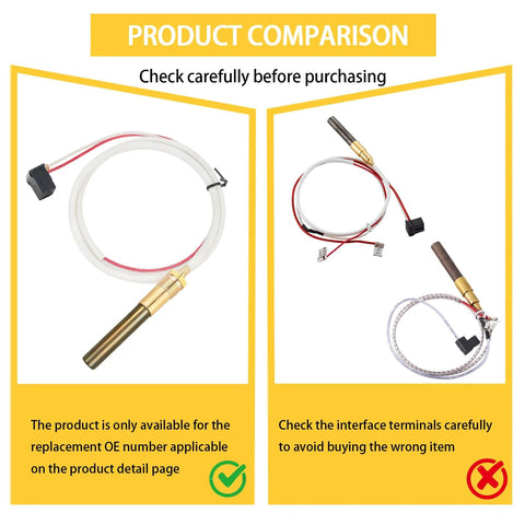 LP thermopile sensor component with brass probe and white sleeved cable; right view shows pilot burner cables
