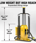 Top Shelf Pneumatic Air Bottle Jack With 20 Ton Capacity And Manual Hand Pump Plus Air Pump showing max height 20-1/16" and min height 10-1/4".
