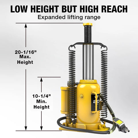Top Shelf Pneumatic Air Bottle Jack With 20 Ton Capacity And Manual Hand Pump Plus Air Pump showing max height 20-1/16" and min height 10-1/4".