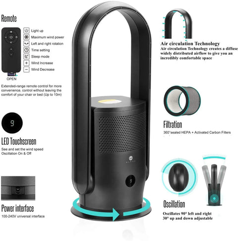 Keep It Chill And Clear The Air With This Top Shelf Bladeless Tower Fan Air Purifier Combo with remote and LED touchscreen.