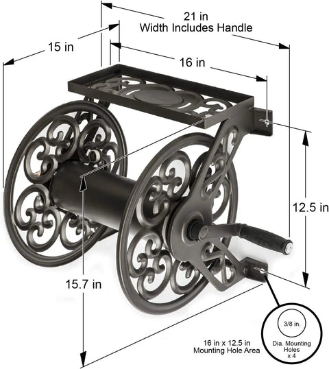 Steel Wall Mount Hose Reel With Built-In Shelf In Bronze Finish Holds 125 Feet Of 5/8 Inch Hose Weather Resistant Powder Coat Fully Assembled
