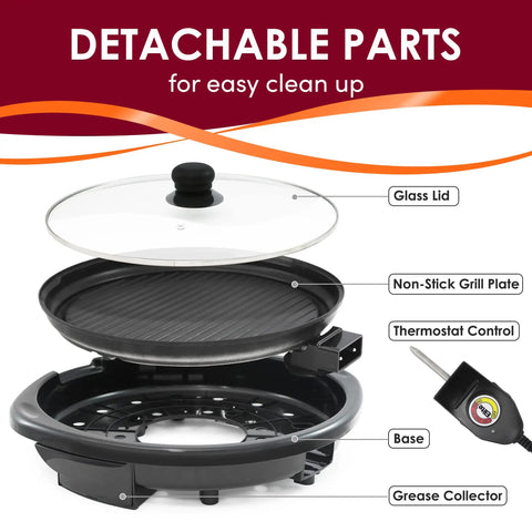 EMG 980BX Indoor Electric Round Nonstick Grill With Cool Touch Handle shown with detachable glass lid and parts