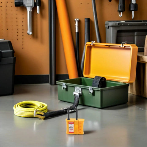 Badass Multi User Insulated Nylon Lockout Hasp With Four Reinforced Holes For Safety Tagout Protocols Built Tough For Industrial Valve Operations And Electrical Panel Maintenance Grind, displayed with a green toolbox and safety rope.