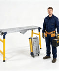 Built Like A Tank Foldable Scaffolding Platform With Five Adjustable Heights And Heavy Duty Alloy Steel Workbench for job site use.