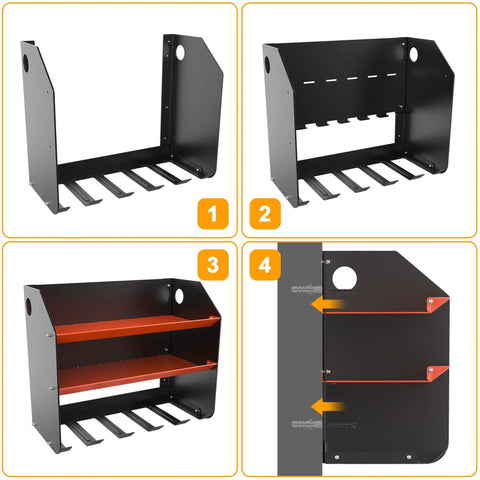 Assembly view of Heavy Duty Wall Mount Drill Organizer and Cordless Tool Storage Rack with two levels for garages.