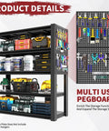 Beast Mode Heavy Duty 5 Tier Garage Shelving, 2000 Lbs Rock Solid Metal Storage Rack With Two Pegboards, Adjustable Utility Shelves For Shop And Warehouse, Black Frame with tools organized on shelves.