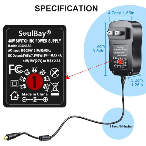 Diagram of Universal 48W AC DC Power Adapter With 11 Interchangeable Tips Multi Voltage 5V 6V 7.5V 9V 12V 15V 19V 20V specifications