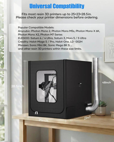 Heavy Duty 3D Printer Enclosure With Ventilation Kit And LED Light Fireproof Dustproof Tent Constant Temperature Shield shown with dimensions