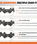 Diagram showing chain sizes compatible with Two In One Chainsaw Sharpener Kit With Round And Flat Files No Fuss Easy Peezy Hand File Guide.