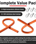 2 Pack Furnace Pressure Switch Hose Kit With 3/16 Inch ID By 38 Inch Length High Temperature Silicone Vacuum Tubing Includes Six 304 Stainless Steel Clamps Compatible With 79-21491-83, showing two orange silicone hoses and six clamps.