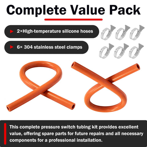 2 Pack Furnace Pressure Switch Hose Kit With 3/16 Inch ID By 38 Inch Length High Temperature Silicone Vacuum Tubing Includes Six 304 Stainless Steel Clamps Compatible With 79-21491-83, showing two orange silicone hoses and six clamps.