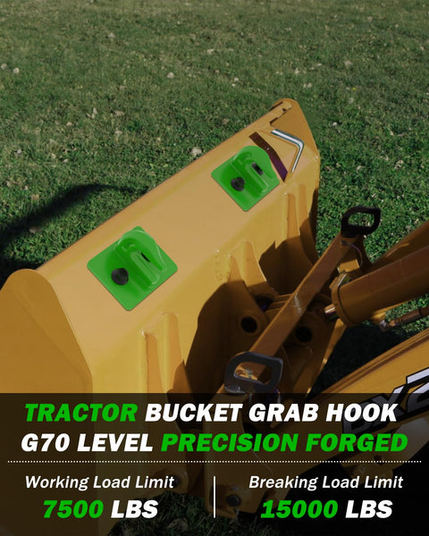 Tractor bucket with mounted 2 Pack 3 By 8 Inch Tractor Bucket Grab Hooks Grade 70 Forged Steel Bolt On Grab Hooks, green.