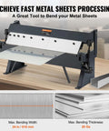 Box And Pan Brake 24 Inch Portable Metal Bender with 0 to 135 Degree Bending Handles shown on a workbench
