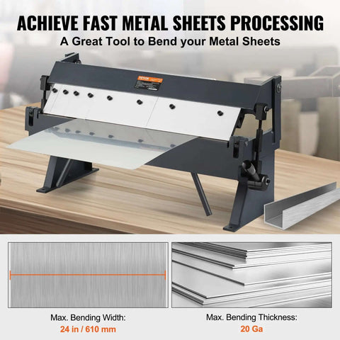 Box And Pan Brake 24 Inch Portable Metal Bender with 0 to 135 Degree Bending Handles shown on a workbench