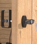 Built Like A Tank Outdoor Slide Bolt Latch, 5.5 Inch Shed Door Lock Set, Black All Weather Gate Hardware For Barn Coop Fence, No Sweat Setup Security Bar With Four Keys, 2 Pack mounted on wooden door.