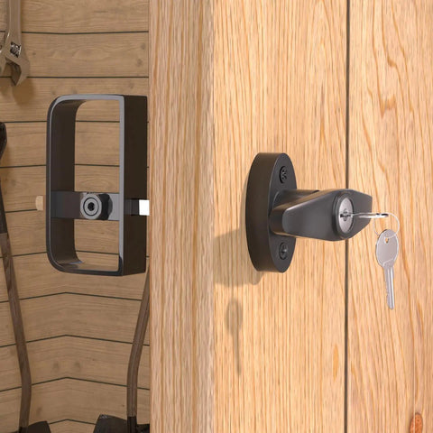Built Like A Tank Outdoor Slide Bolt Latch, 5.5 Inch Shed Door Lock Set, Black All Weather Gate Hardware For Barn Coop Fence, No Sweat Setup Security Bar With Four Keys, 2 Pack mounted on wooden door.