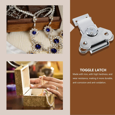 Spring Loaded Butterfly Latches Three Piece Set Stainless Steel shown on wooden jewelry and storage boxes for DIY upgrades