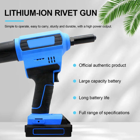 Cordless Brushless Electric Rivet Gun With Reliable Lithium Power And Ultra Quiet Auto Feed For Effortless Metal Fastening Projects, blue and black design.