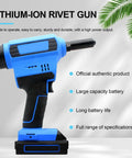Heavy Duty Brushless Cordless Rivet Gun With Fast Trigger And Lithium Ion Battery For Pro Tradesmen showing battery and ergonomic handle.