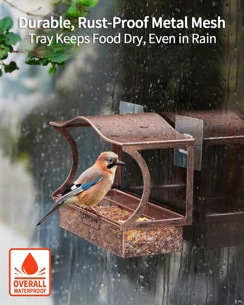 Metal Window Bird Feeder With Super Sturdy Suction Cups, Easy Mounting System, Large Outdoor Bird Watching Feeder on window