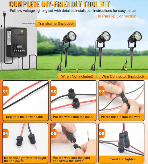 Installation steps for RGB Landscape Lighting Kit 8 Pack 5W Low Voltage 12V Outdoor LED Spotlight With Remote Control.