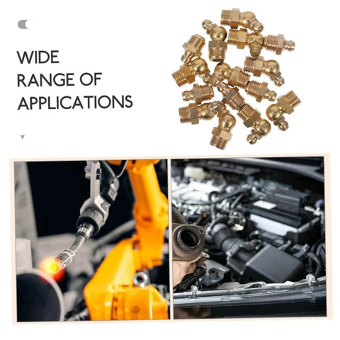 Collage of brass grease fittings, robotic arm, and engine bay with Complete 60-Piece Grease Fitting Kit SAE To 4-28 text.